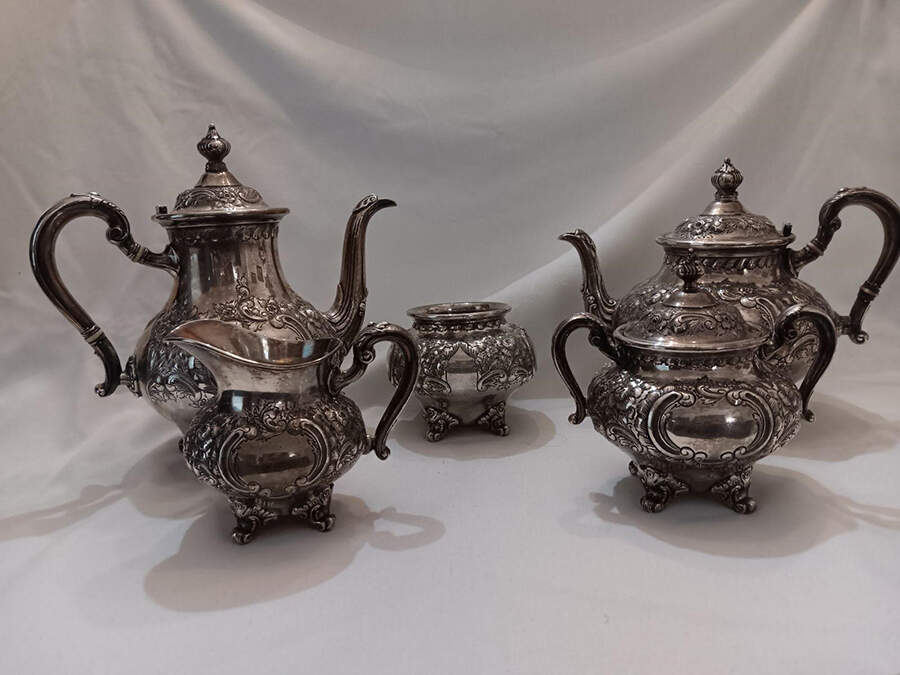 Montaigne-Chased (Sterling, Hollowware) 5 Piece Tea Set (SCP, STP, SCR, SSU, SWB) by Fisher Silversmiths-1