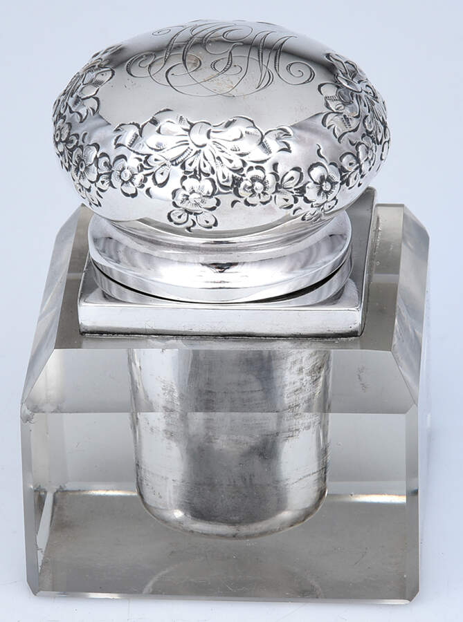 446 (Sterling, Hollowware) Crystal Bowl Inkwell with Sterling Hinged Lid by Ferdinand Fuchs & Bros-1
