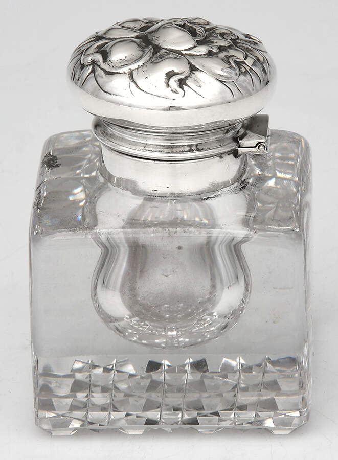 Sterling Hollowware Crystal Bowl Inkwell with Sterling Hinged Lid by Gorham Silver-1