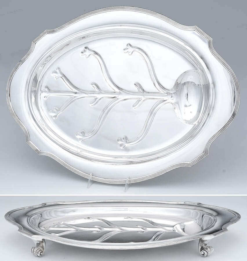 Plymouth-Large (Sterling, Hollowware) Large Footed Sterling Meat Platter with Well by Gorham Silver-1