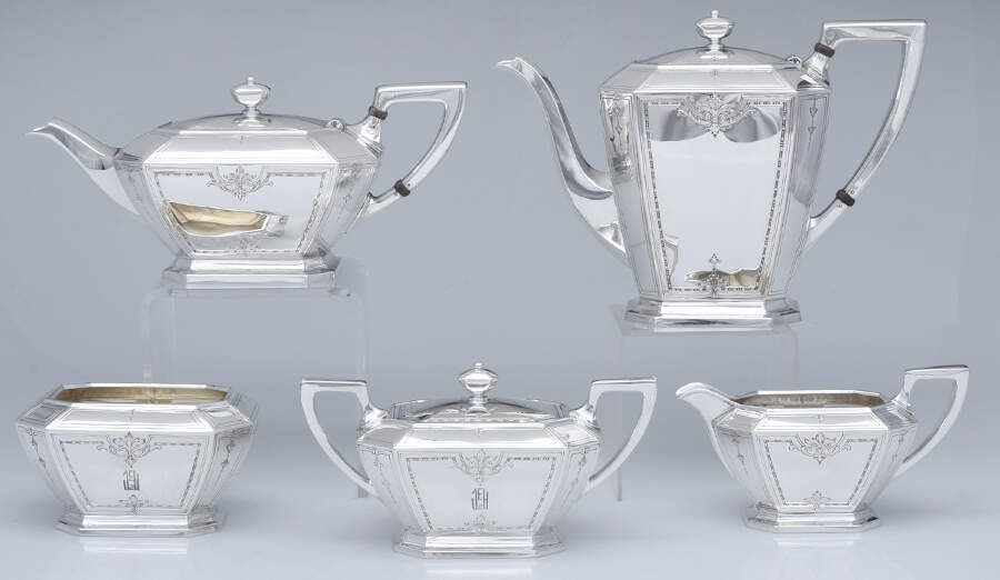 Colfax (Sterling, Hollowware) 5 Piece Tea Set (SCP1, STP1, SCR1, SSU1, SWB1) by Gorham Silver-1