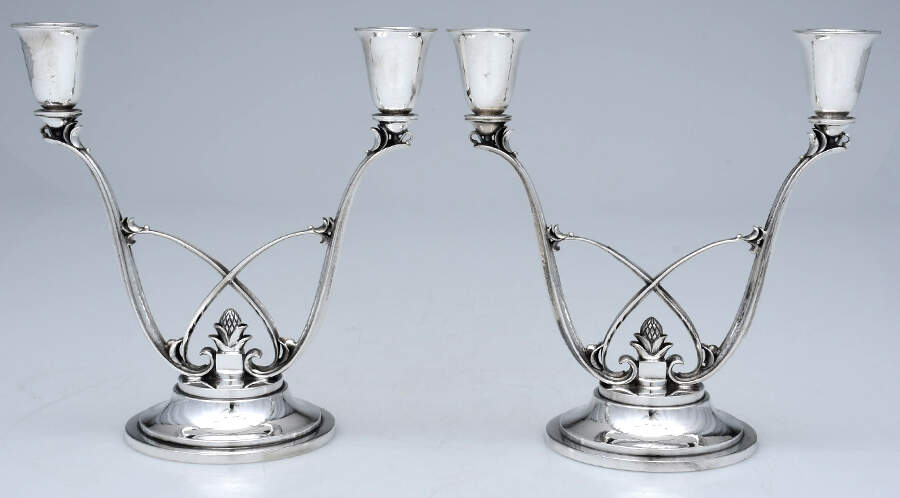 Acorn (Sterling, 1915, Hollowware) Pair of 6" 2 Light Candelabra by Georg Jensen (Denmark)-1