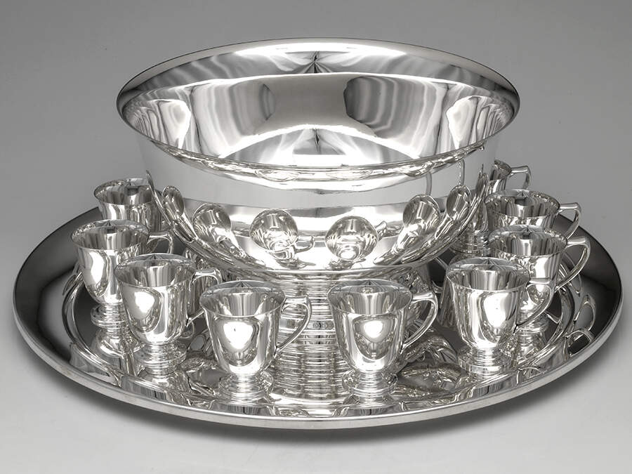 Paul Revere-Reproduction (Strlg, Hlwr) (14 Pc) Punch Set (Bowl,Complimentary Tray&12 Cups by Gorham Silver-1