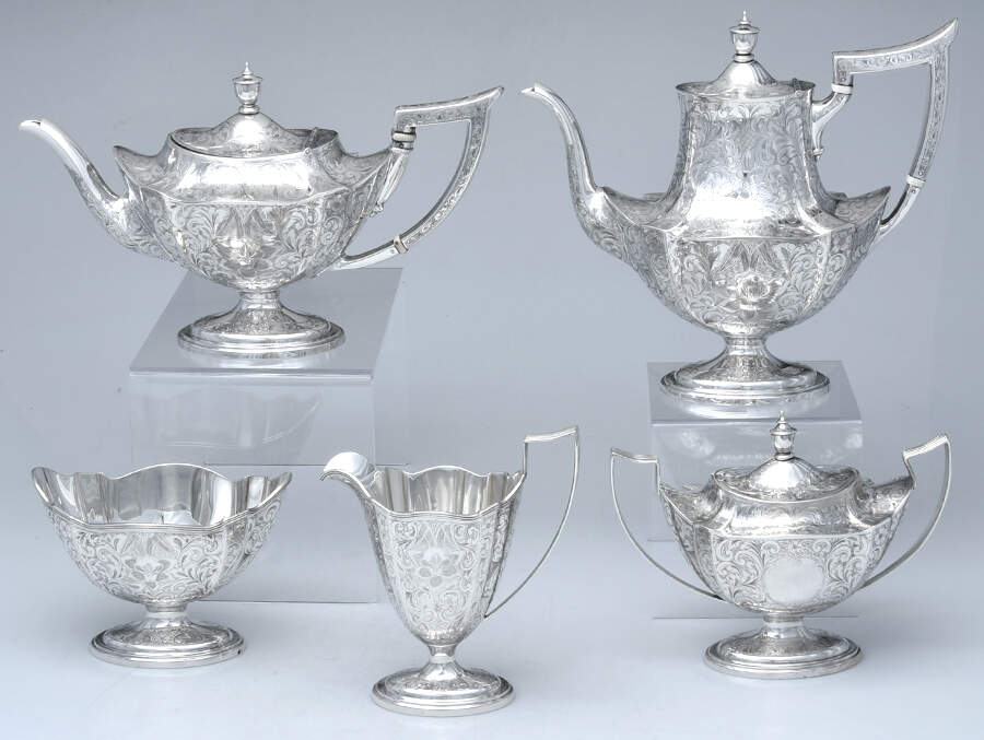 Plymouth-Engraved (Sterling, Hollowware) 5 Piece Tea Set (SCP, STP, SCR, SSU, SWB) by Gorham Silver-1