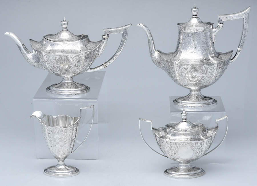 Plymouth-Engraved (Sterling, Hollowware) 4 Piece Tea Set (SCP, STP, SCR, SSU) by Gorham Silver-1