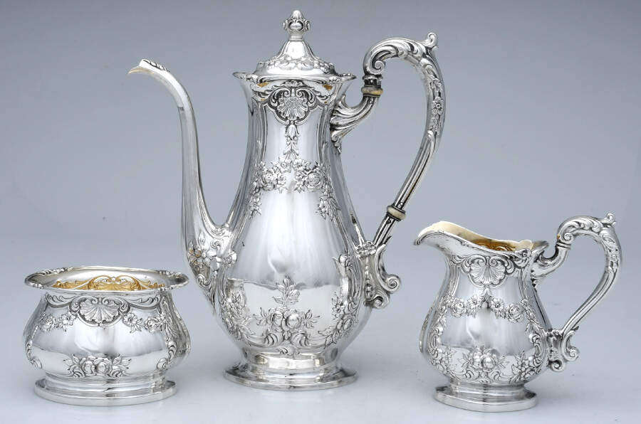 A7841 (Sterling, Hollowware) 3 Pc Tea Set (Coffee Pot, Creamer, Open Sugar) by Gorham Silver-1