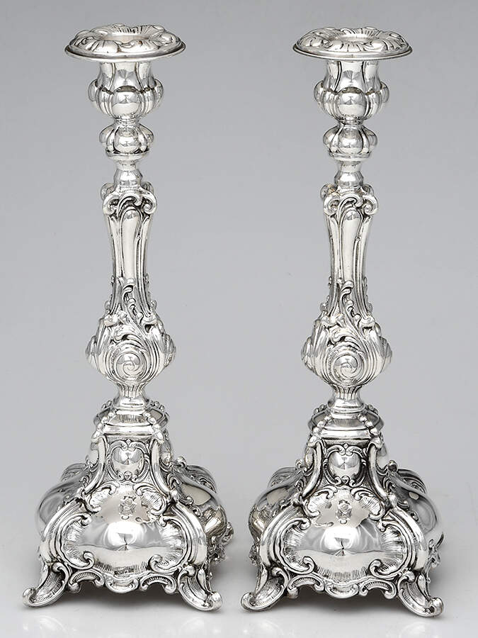Ben Yehuda (Sterling, Hollowware) Pair of 13" Candlesticks with Bobeche by Hazorfim-Israel-1