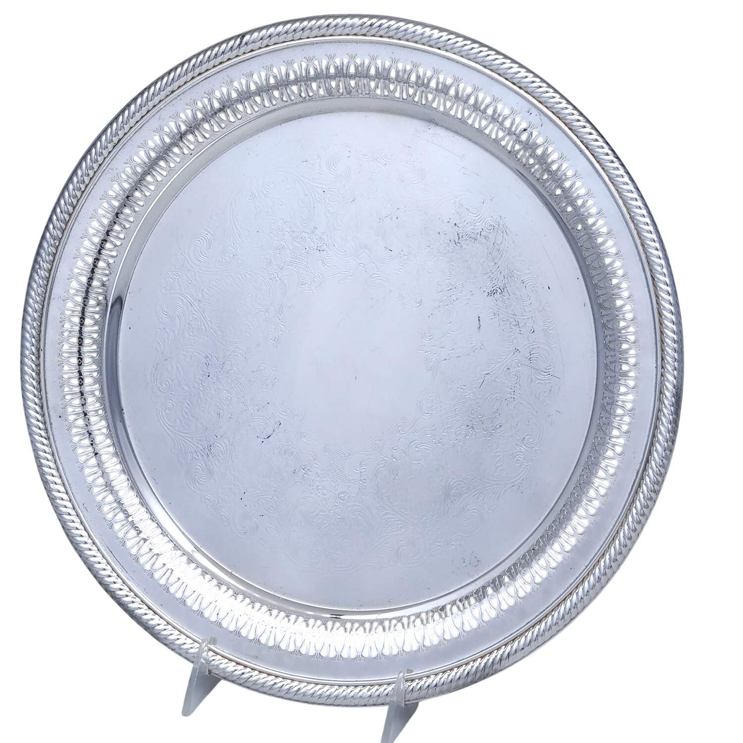 English Gadroon (Silverplate, Hollowware) 12" Pierced Round Tray by International Silver-1