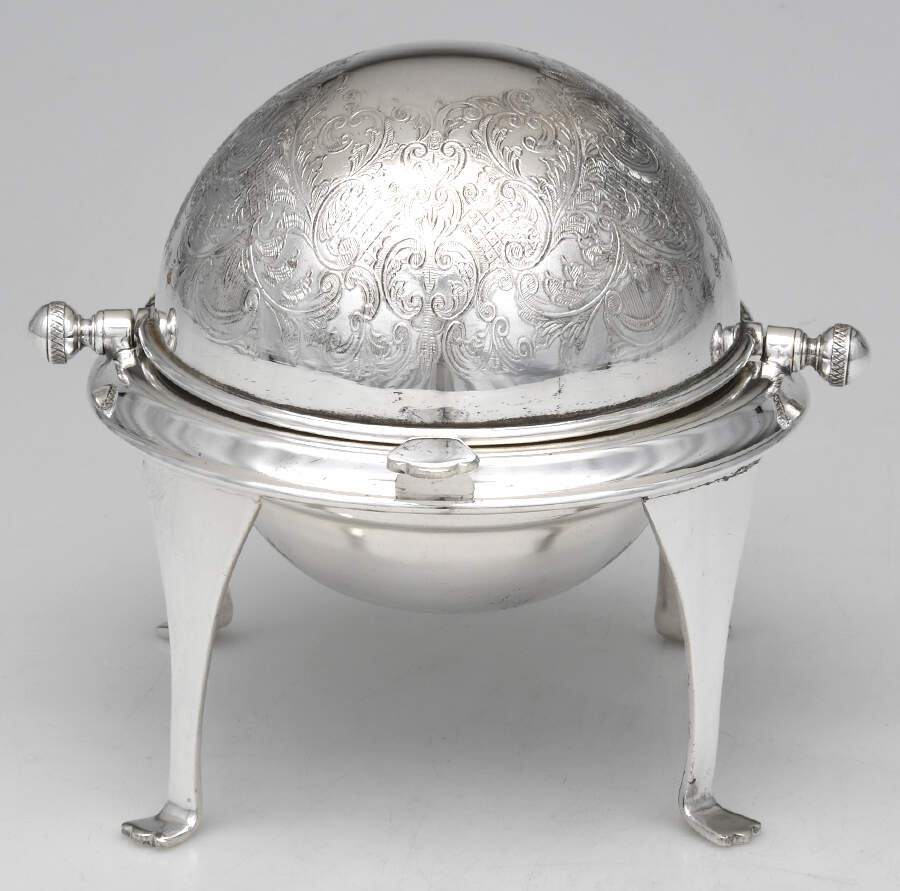 1402 (Silverplate, Hollowware) Roll Top Round Butter W/Glass Liner by John Seymour - England-1