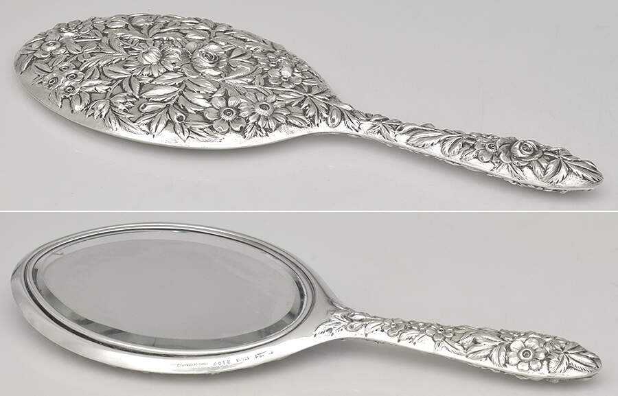 Repousse-Full Chased-Hand Chased Mirror with Handle by Kirk Stieff-1