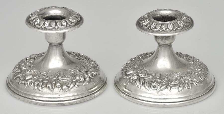 Repousse-Full Chased-Hand Chased Pair of Weighted Candleholders by Kirk Stieff-1