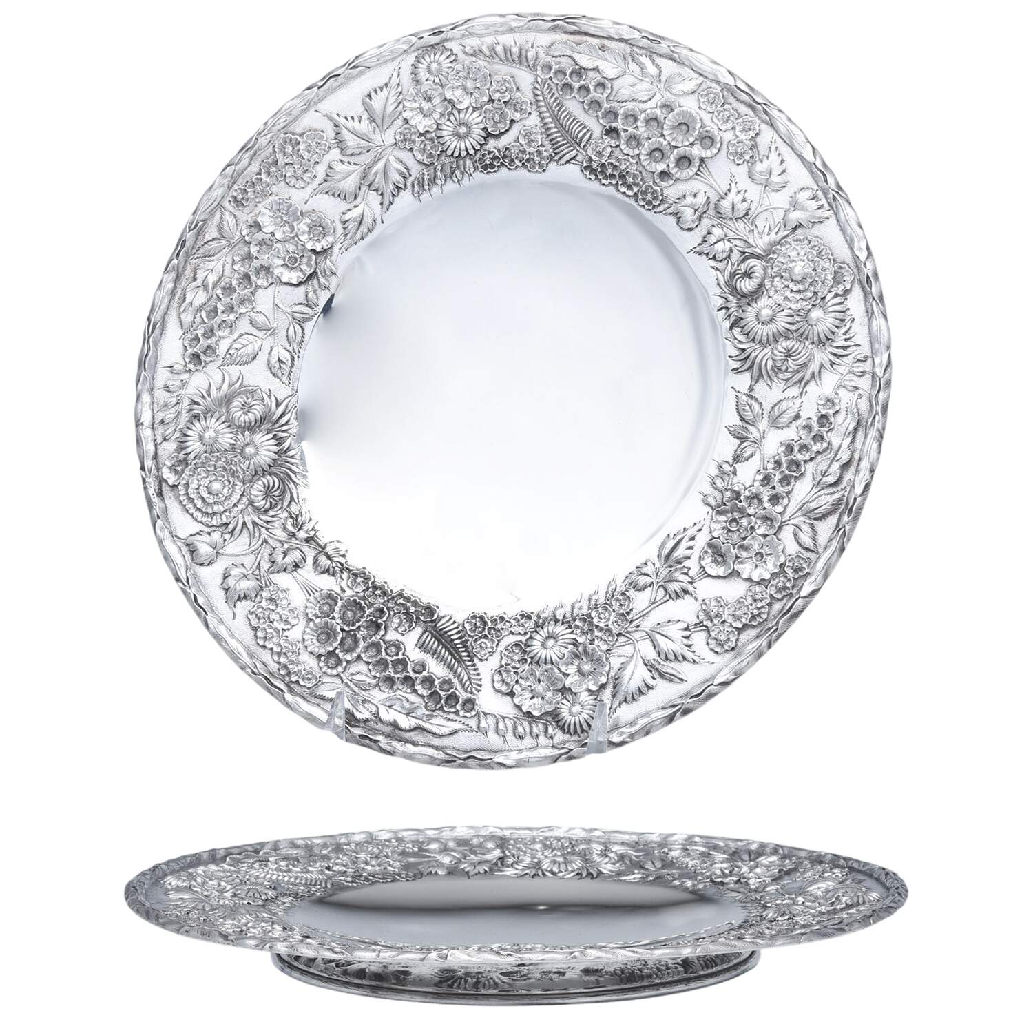 Repousse-Full Chased-Hand Chased Sandwich/Cake Pedestal Plate by Kirk Stieff-1