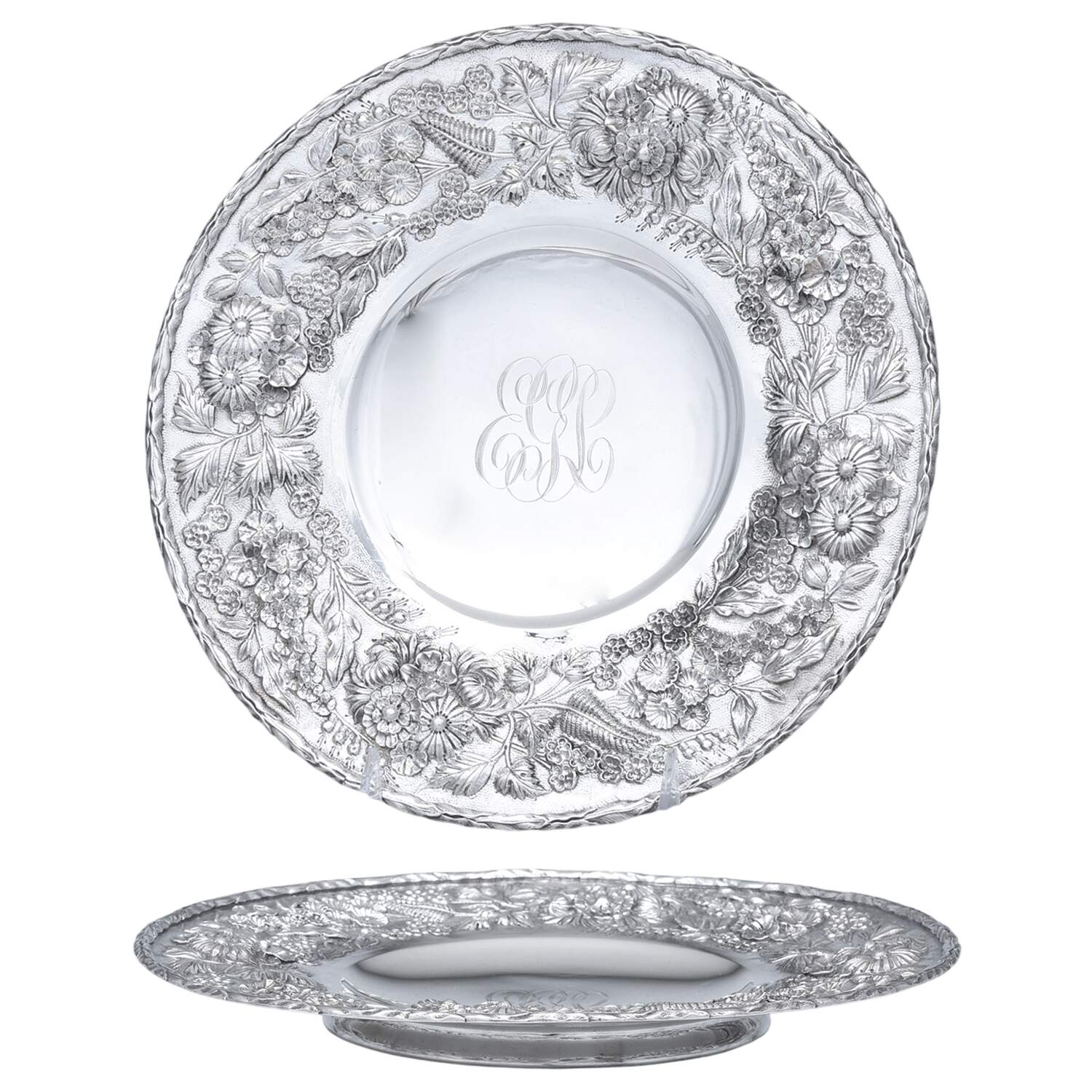 Repousse-Full Chased-Hand Chased Sandwich/Cake Pedestal Plate by Kirk Stieff-1