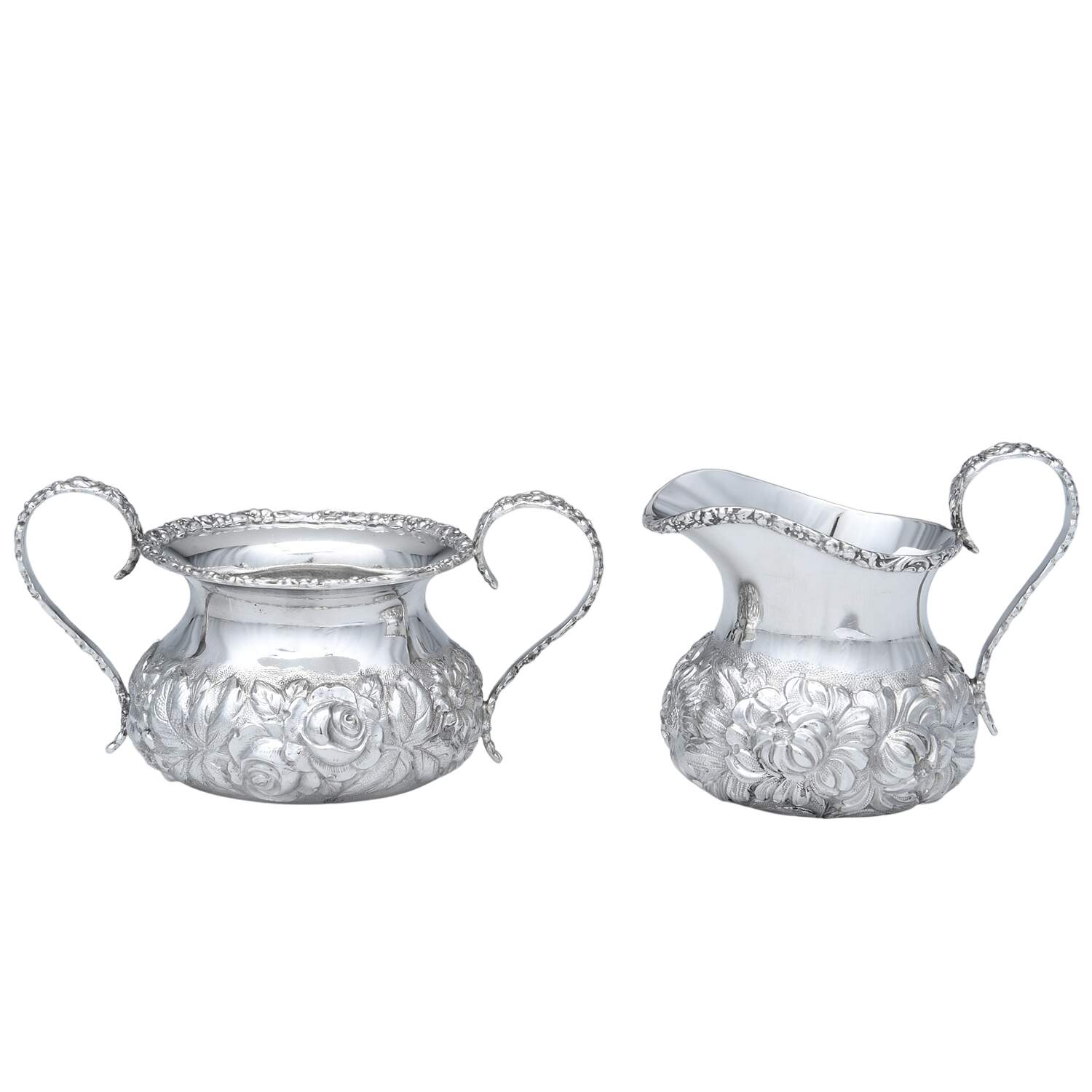 Stieff Rose (Sterling, 1892, Hollowware) Mini Creamer and Open Sugar Set by Kirk Stieff-1