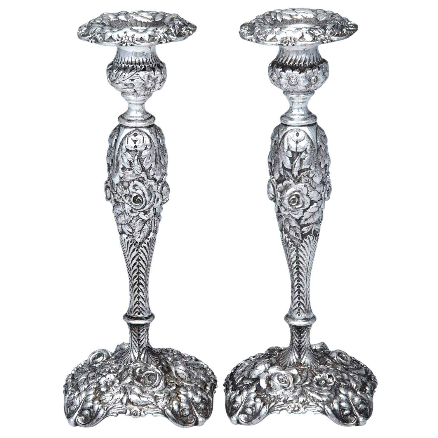 Stieff Rose (Sterling, 1892, Hollowware) Pair of 9" Weighted Candlesticks by Kirk Stieff-1
