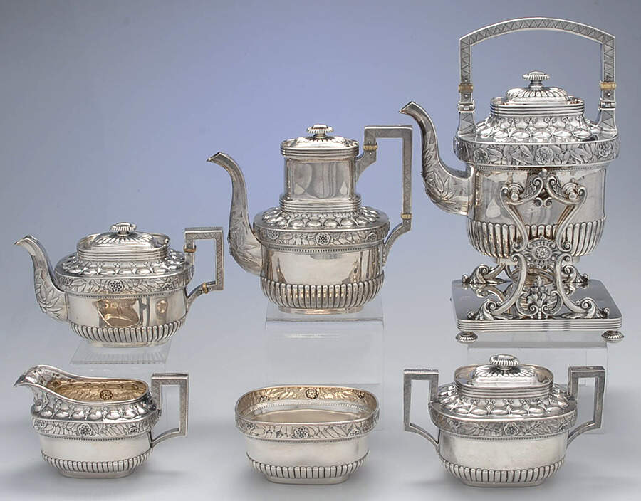 445 (Sterling, Hollowware) 6 Piece Tea Set (SCP, STP, SCR, SSU, SWB, SKES) by Kennard & Jenks-1