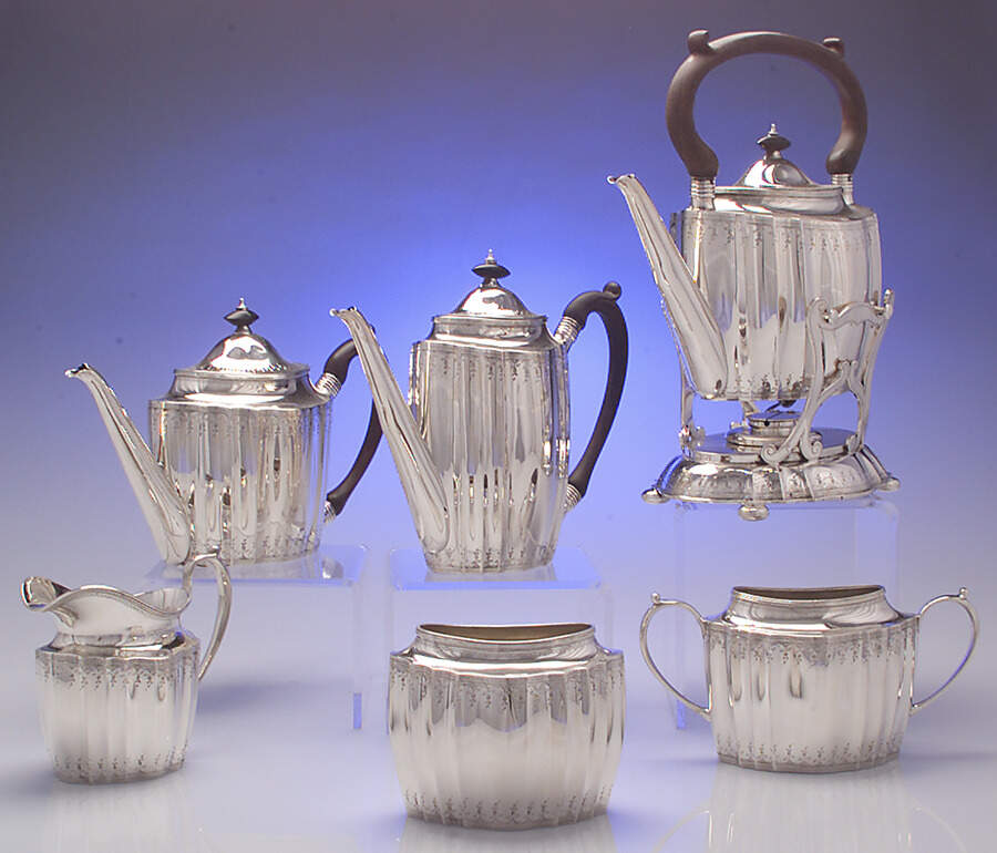 01090 (Sterling, Hollowware) 6 Piece Tea Set (SCP, STP, SCR, SSUB, SWB, SKES) by Lebkuecher & Co-1