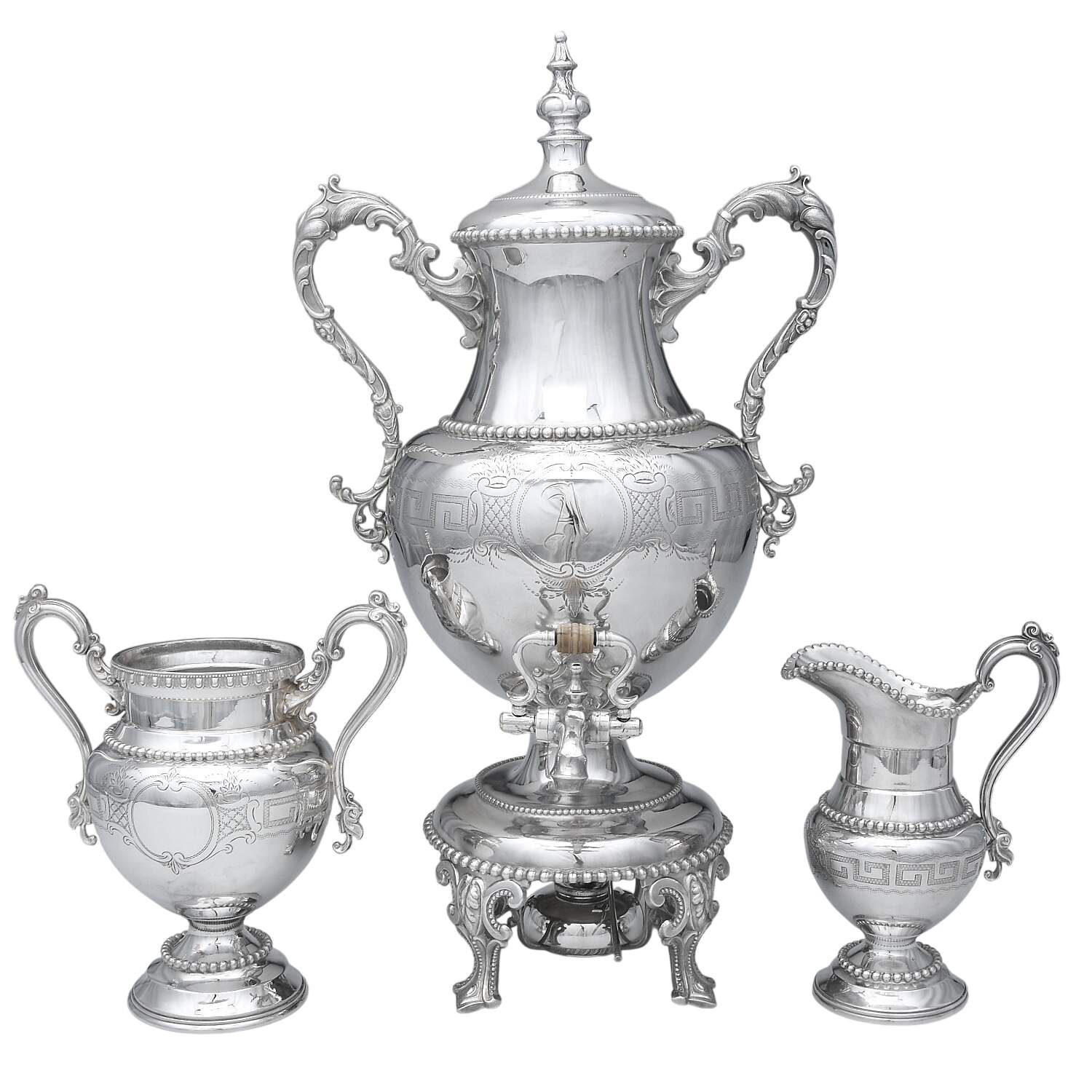 1835-1 (Silverplate, Hollowware) 5 Piece Samovar Set (Samovar attached Stand & Burner,Creamer & Open Sugar) by Meriden Britannia -1