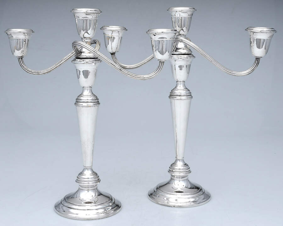 P585 (Silverplate, Hollowware) Pair of Weighted 3 Light Candelabras by Pilgrim Silver-1