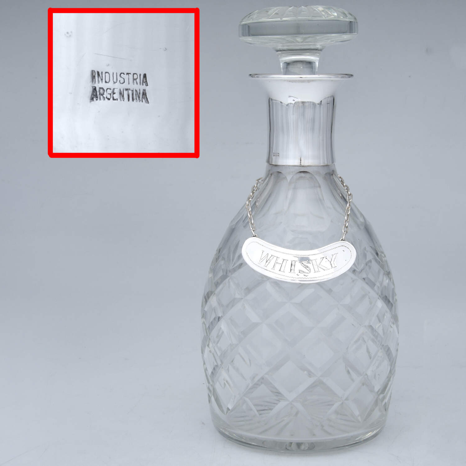 Silverplate Hollowware Crystal Decanter & Stopper with Silver Neck & Decanter label by Plata Lappas-1