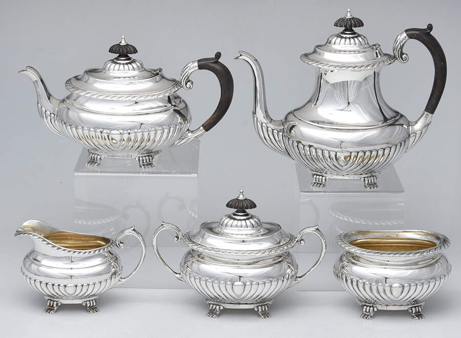 Stratford (Sterling, Hollowware) 5 Piece Tea Set (CPWH, TPWH, SCR, SSU, SWB) by Reed & Barton-1