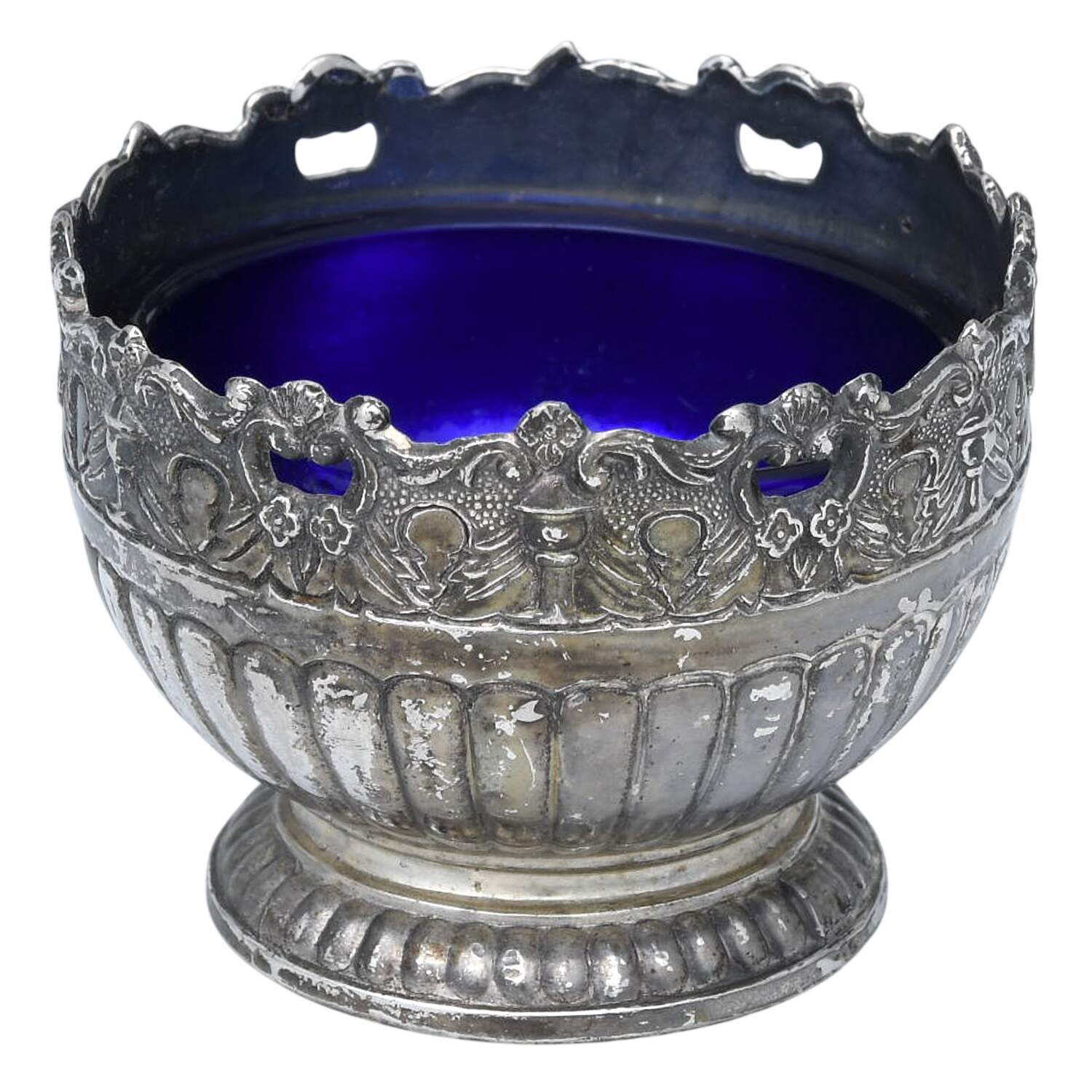 Silverplate Hollowware Open Salt Master-W/Cobalt Liner by Raimond-1