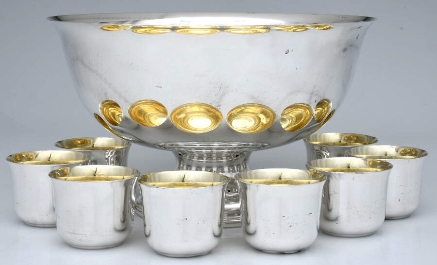 Silverplate Hollowware (9 Pc) Punch Set (Punch Bowl & 8 Punch Cups) by Sheridan Silver Co-1