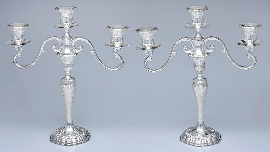 Old Master-Embossed(Silverplate, Roses-Scrolls) Pair of Weighted 3 Light Candelabra by Towle Silver-1