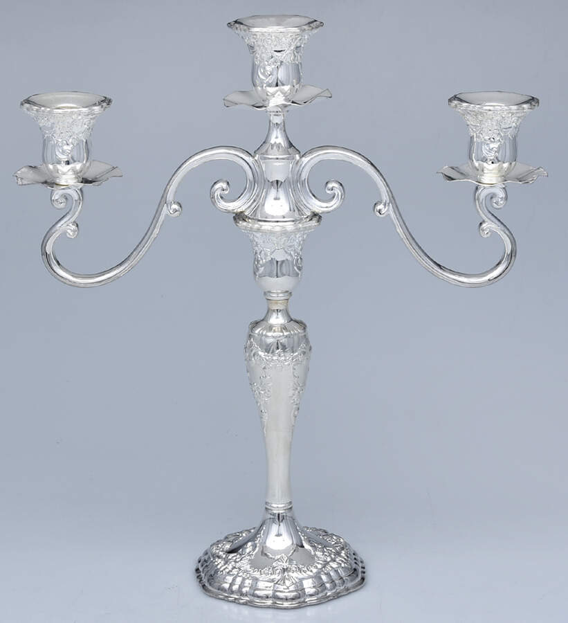 Old Master-Embossed(Silverplate, Roses-Scrolls) Weighted 3 Light Candelabra by Towle Silver-1