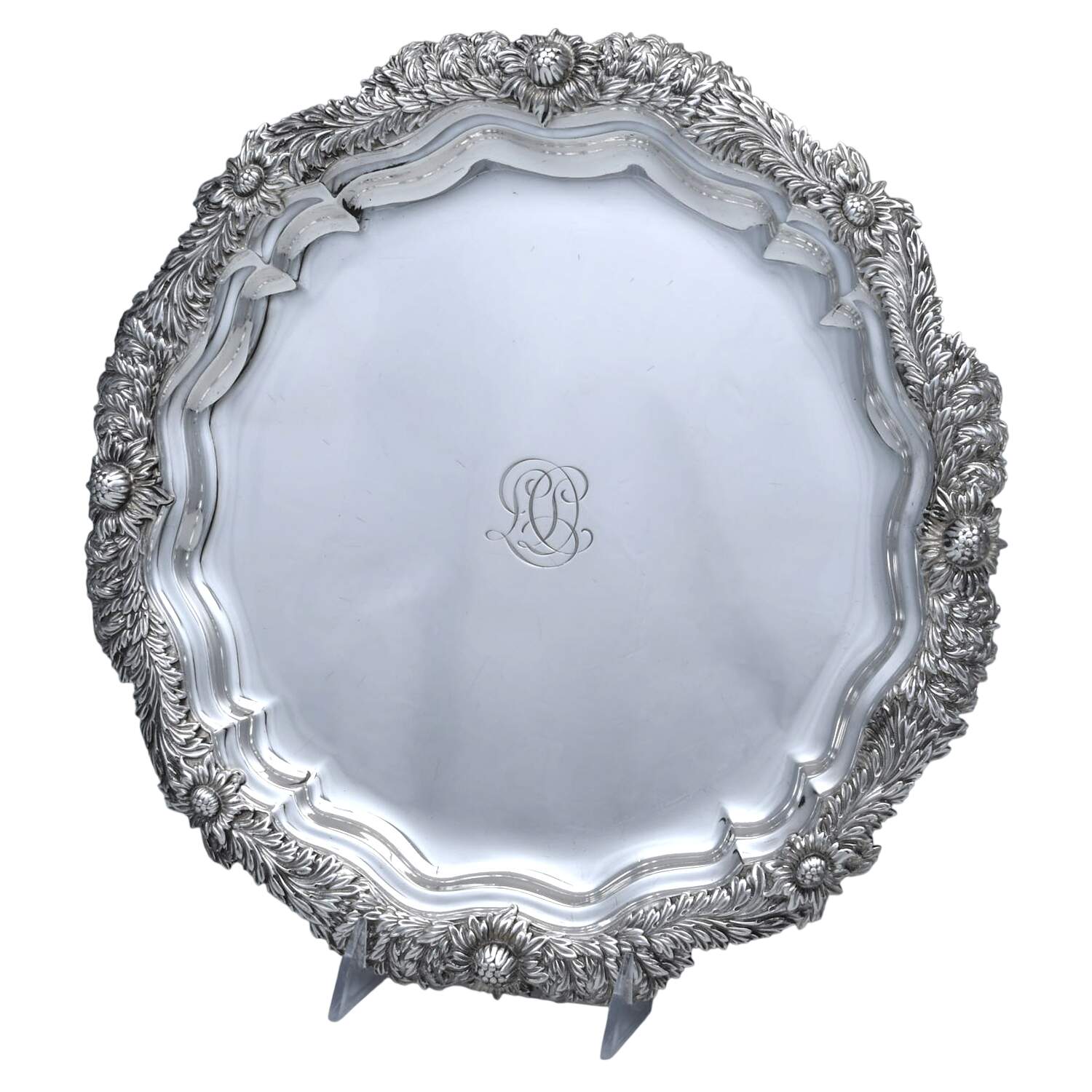 Chrysanthemum (Strl, 1880, Hlwr, 925-1000, FloralEdge) 13" Round Tray by Tiffany & CO SILVER-1