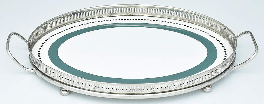 Silverplate Hollowware 13" Ceramic Gallery Tray with Silverplate Band by Unknown Manufacturer-1