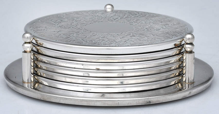 Silverplate Hollowware Coaster - Set of 6 with Holder by Unknown Manufacturer-1