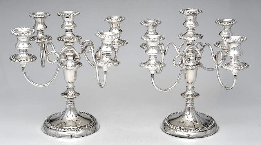 Silverplate Hollowware Pair of Weighted 5 Light Candelabra with Bobeche by Unknown Manufacturer-1