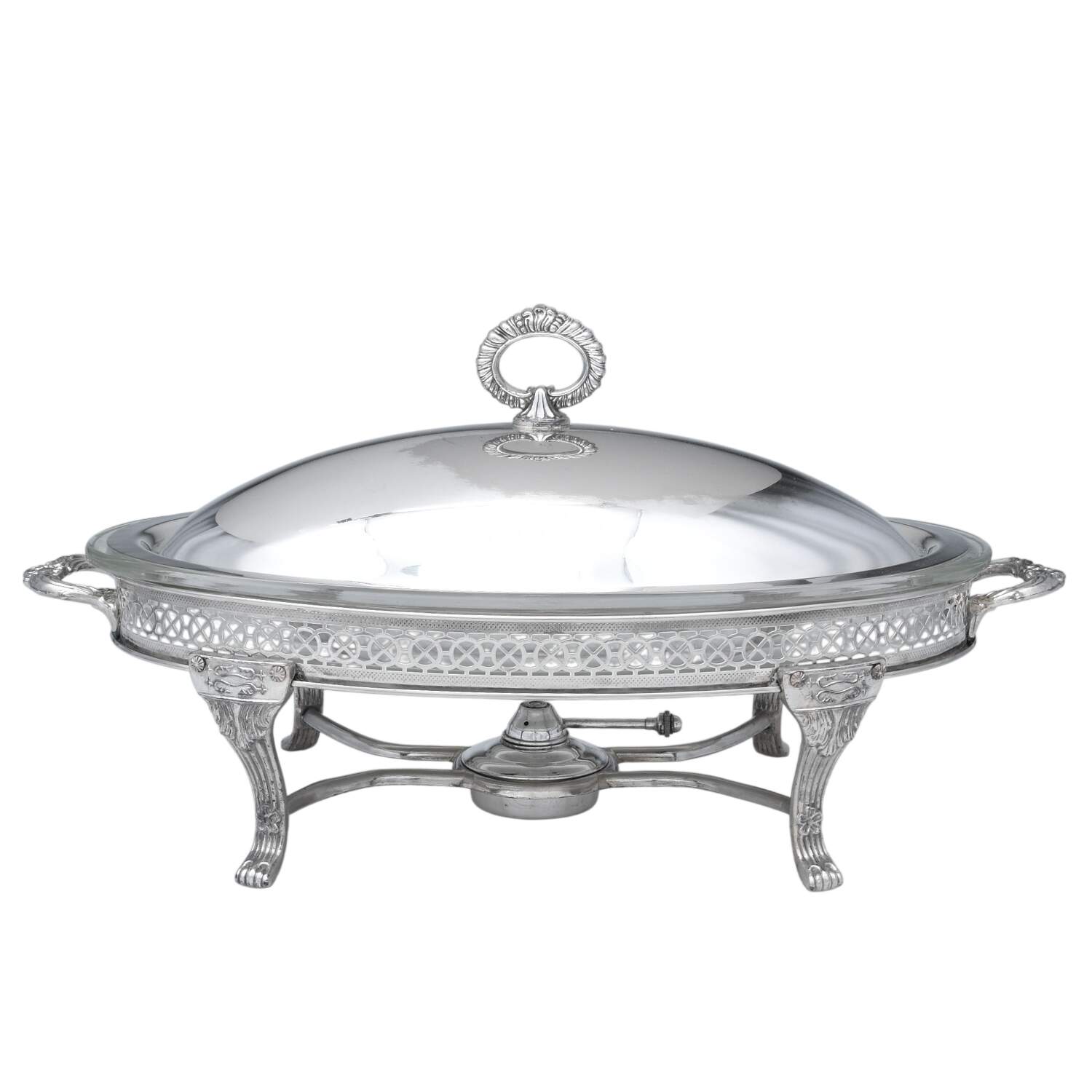 Silverplate Hollowware Oval Chafing Dish W/Lid,Burner,Stand,Liner by Unknown Manufacturer-1