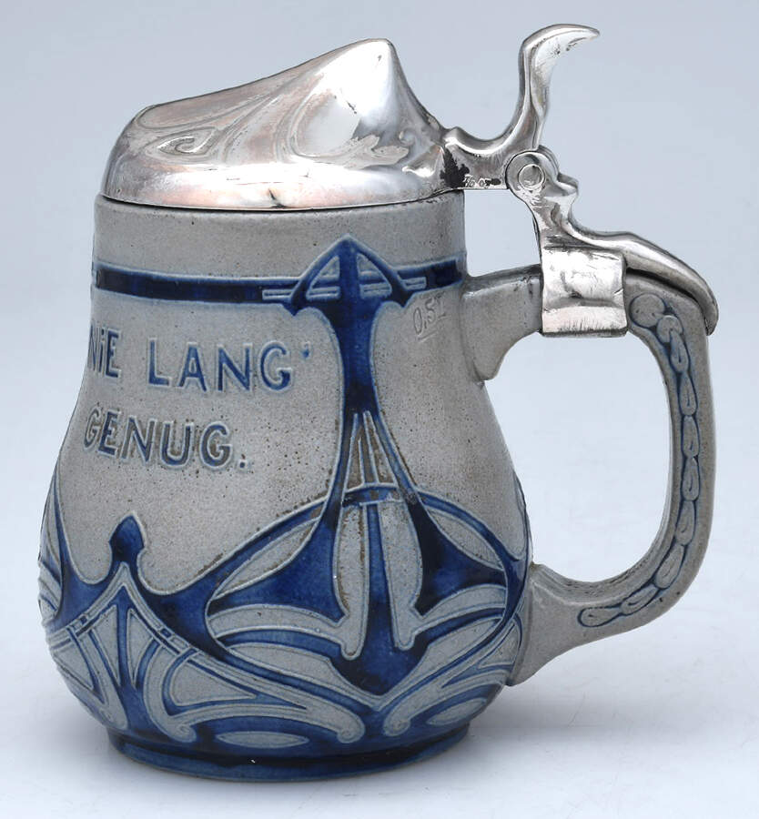 Germany Silverplate Hollowware Ceramic Beer Stein with Hinged Lid by Unknown Manufacturer-1