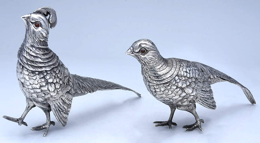 Germany Silverplate Hollowware Large Pheasant Figurine-  Set of 2 by Unknown Manufacturer-1