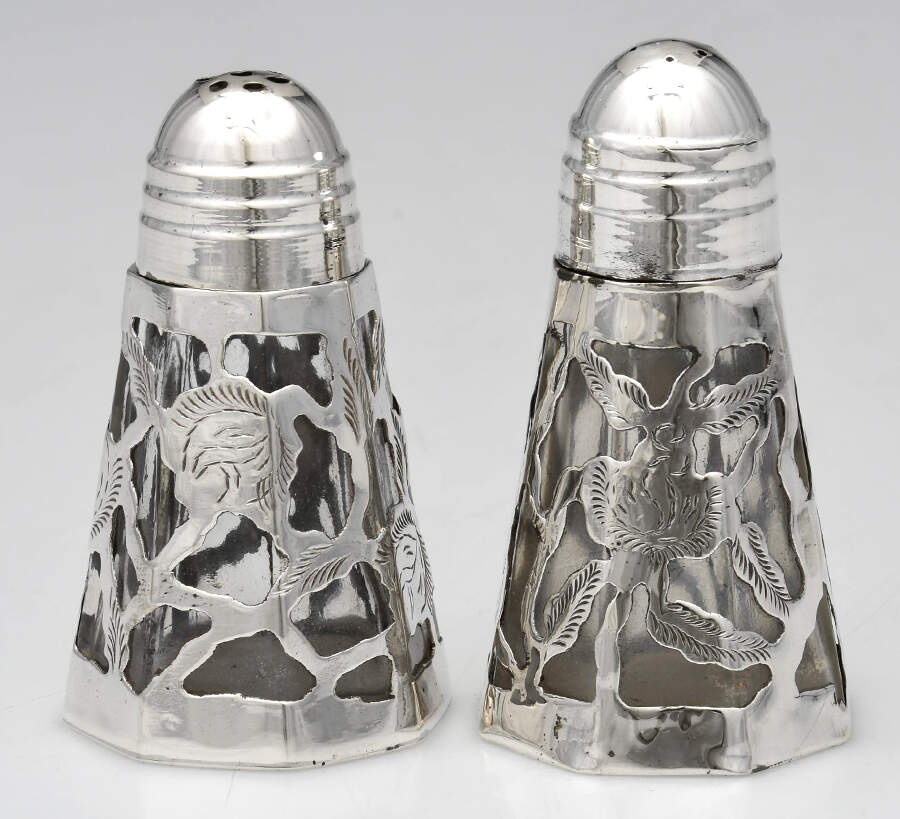 Mexico Sterling Hollowware Crystal Salt & Pepper W/Sterling Overlay & Lid by Unknown Manufacturer-1