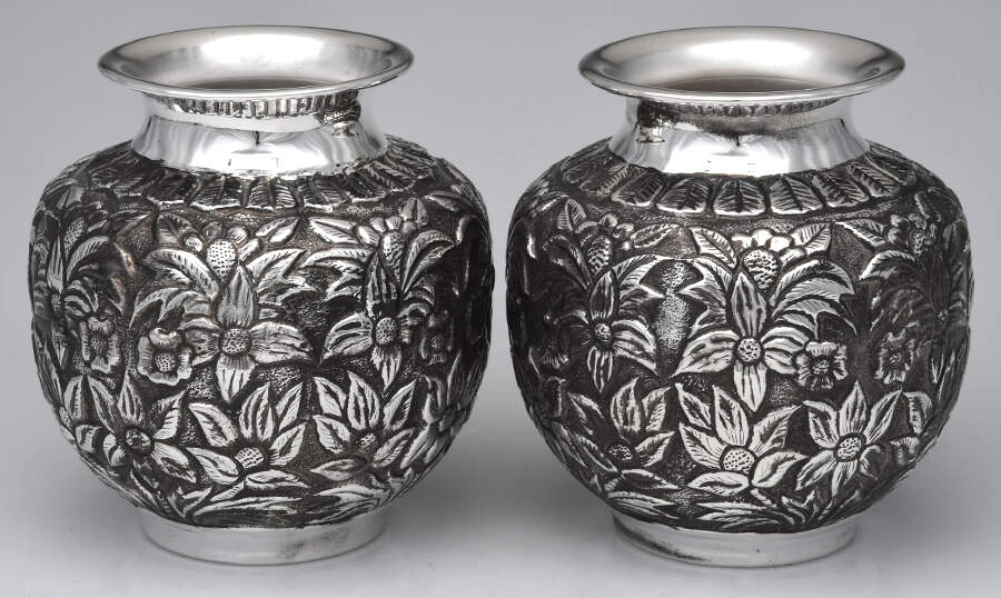 Repousse Style (Sterling Hollowware) Pair of 8" Vases by Unknown Manufacturer-1