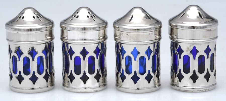 China Silverplate Hollowware Salt and Pepper with Cobalt Liner (2 Pairs) by Unknown Manufacturer-1