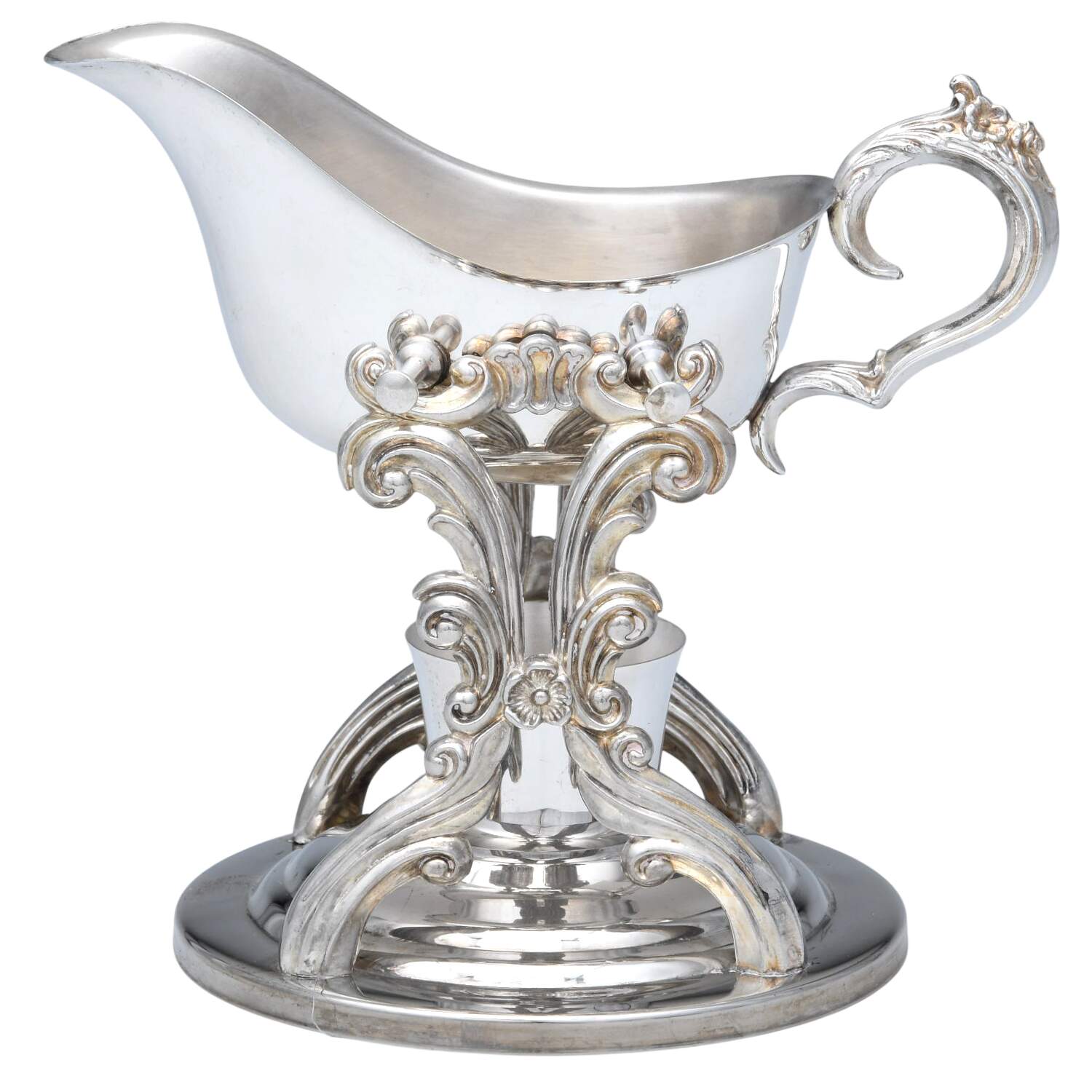 China Silverplate Hollowware Swinging Gravy Boat, Stand, and Burner by Unknown Manufacturer-1