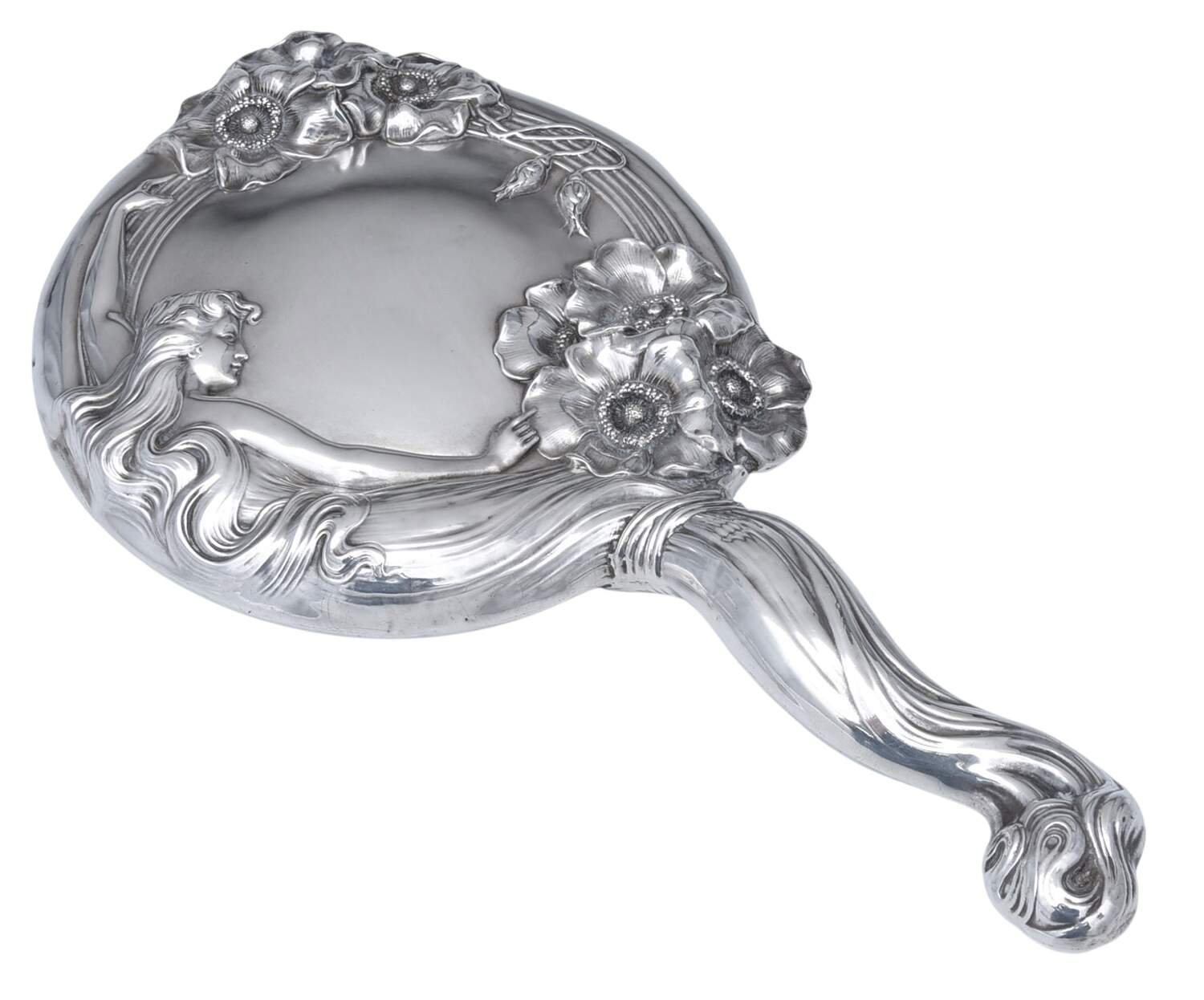 Queen of the Flowers (Sterling, Hollowware) Mirror with Handle by Unger Brothers-1