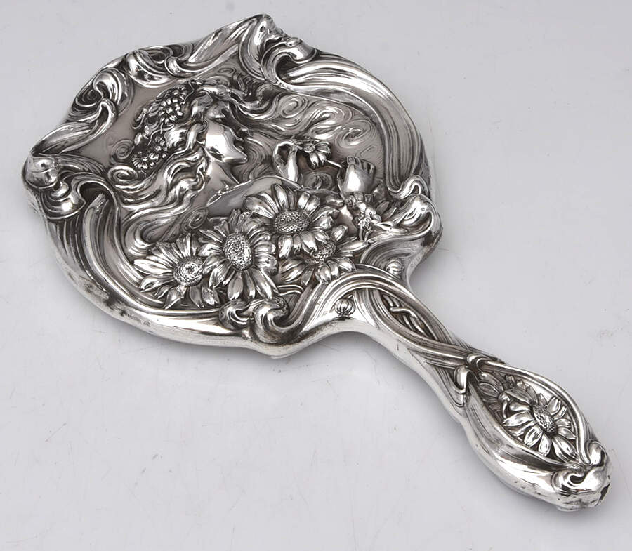 He Loves Me (Sterling, Hollowware) Mirror with Handle by Unger Brothers-1