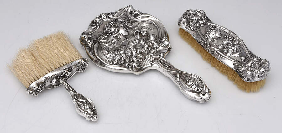He Loves Me (Sterling, Hollowware) 3 Piece Dresser Set (SCLB, SMIR & BOBR) by Unger Brothers-1