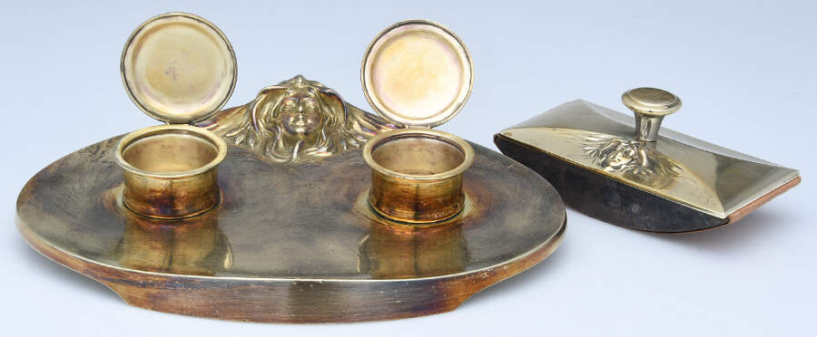 UNH41 (Brass, Hollowwarae) Double Inkwell with Attached Stand & Blotter by Unknown Manufacturer-2