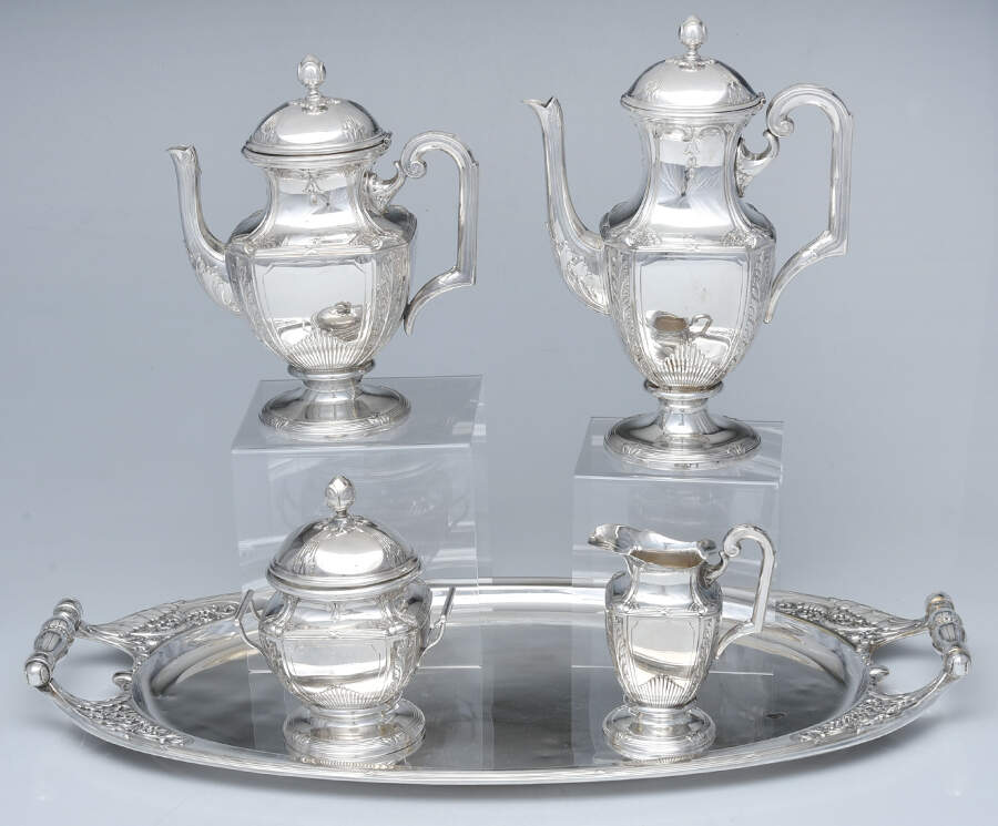 UNH45 (Silverplate, Hollowware) 5-Piece Silverplate Tea Set (with Tray) by Unknown Manufacturer-1