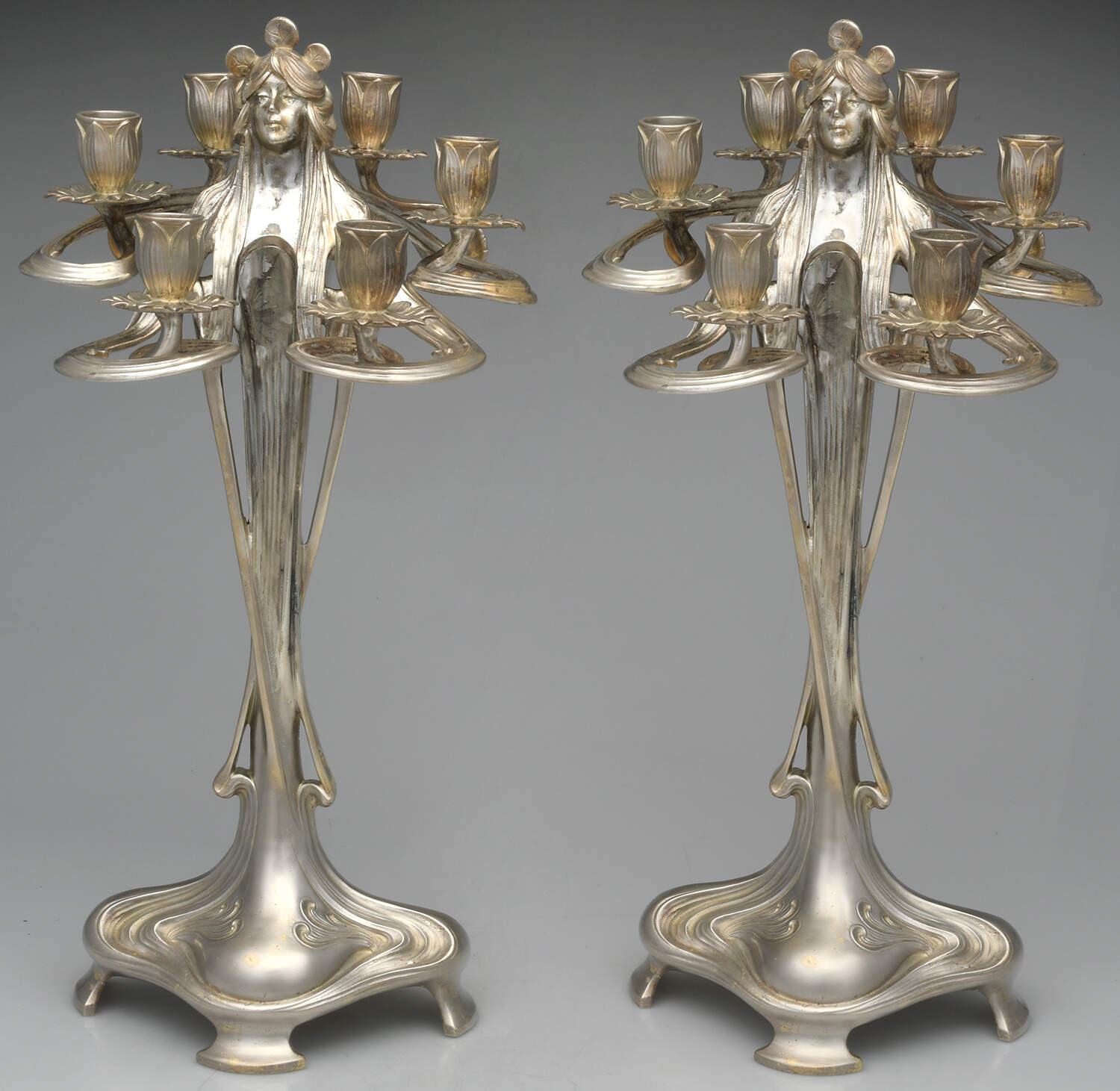 Art Nouveau Style (Silverplate, Hollowware) Pair of 6 Light Candelabra by Unknown Manufacturer-1