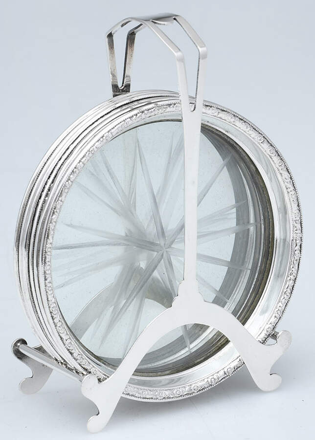 Sterling Hollowware Set of 6 Crystal Coaster W/Sterling Rims in Holder by Webster Co-1