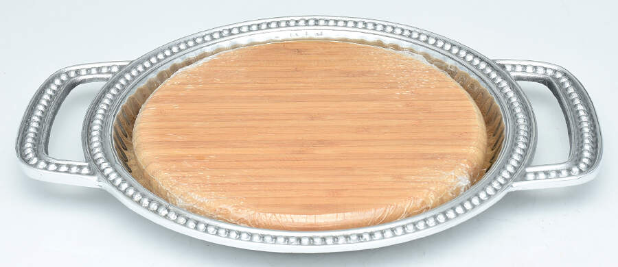 Flutes & Pearls (Pewter, Hollowware) Round Wood Cheese Board with Metal Holder by Wilton Armetale-1
