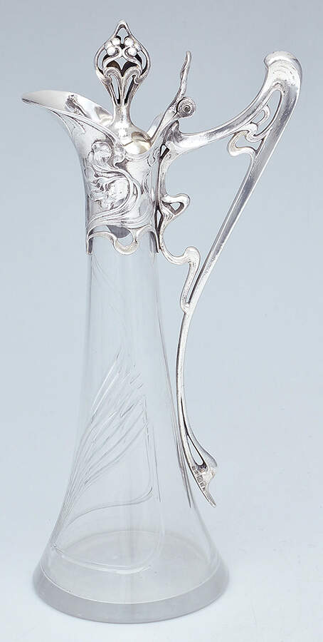 Art Nouveau Style (Silverplate, Hollowware) Claret Jug with Glass Base & Hinged Lid by WMF Flatware-1