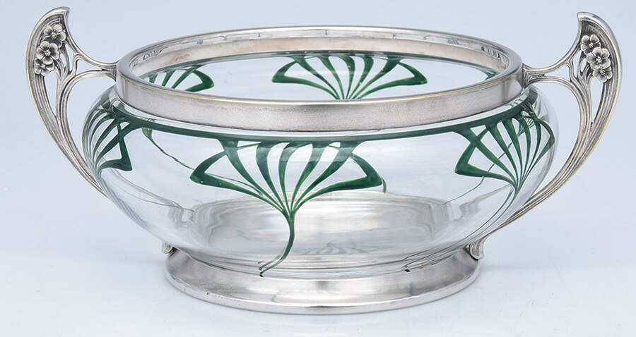 Art Nouveau Style (Silverplate, Hollowware) Glass Bowl with Metal Frame by WMF Flatware-1